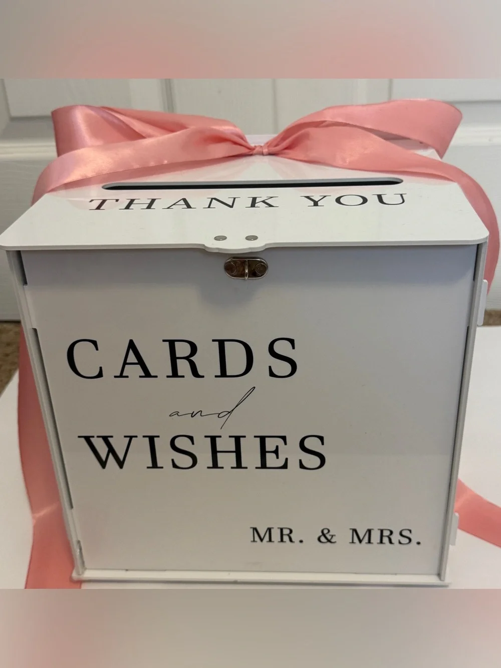 Wedding Card Box Cards & Wishes Mr. & Mrs. White 10” Locking w/ Pink Bow